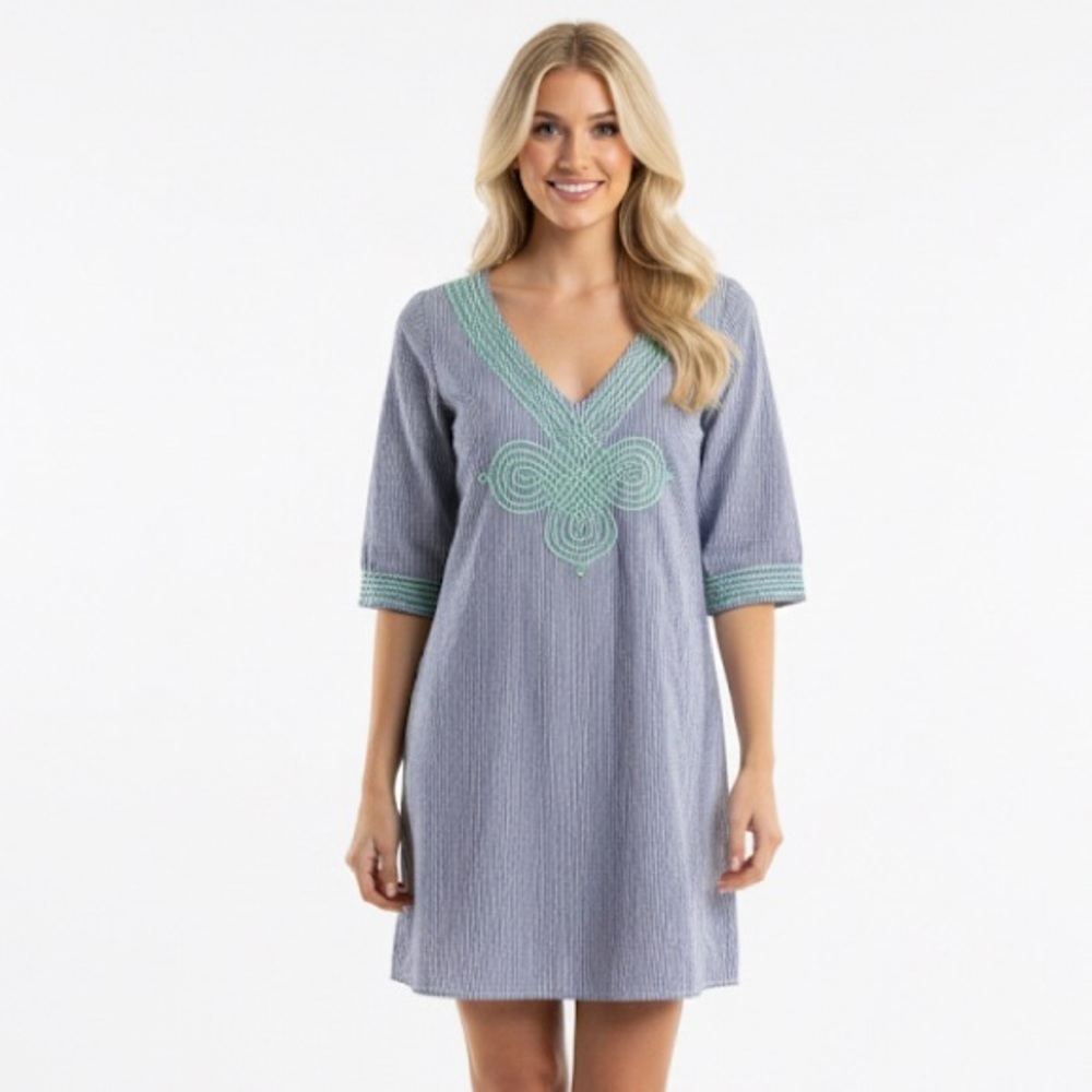 Judith March Blue and White Pinstriped Dress Mint Green Embroidery Size Small